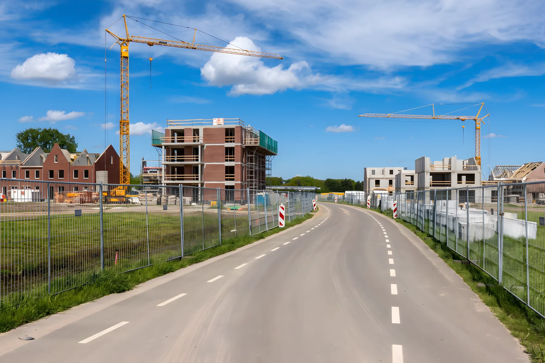 Bouwhekken van Freyja langs een bouwweg tussen twee nieuwbouwprojecten